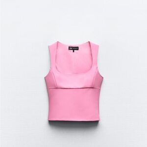 NWT Zara Women’s Bubble Gum Pink Fitted Stretchy Square Neck Top-Size XS